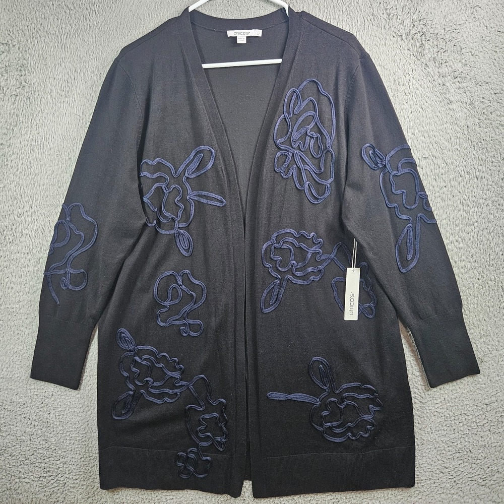 $119 NEW Chico's Open Front Long Duster Cardigan Women Size 3 XL Dark Navy